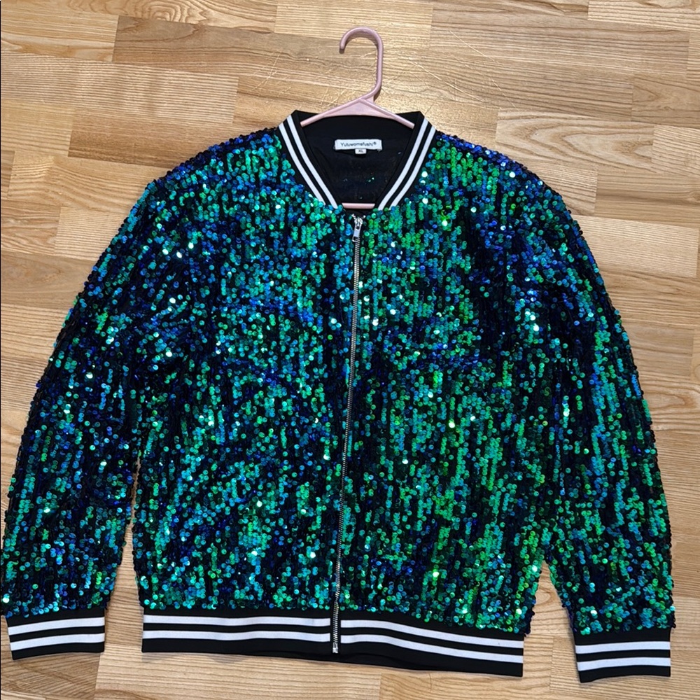 Green and Blue Sequin Bomber Jacket with Ribbed Accents